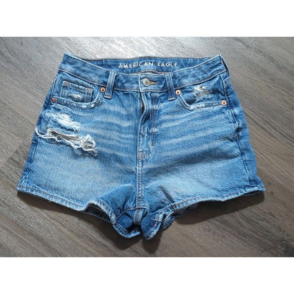 American Eagle Strigid Denim Shorts Destroyed Ripped High Rise 2" Womens Size 00